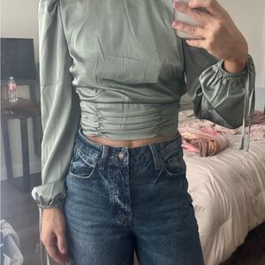 Silk Satin Long Sleeve Blouse Green Top Size Extra Small